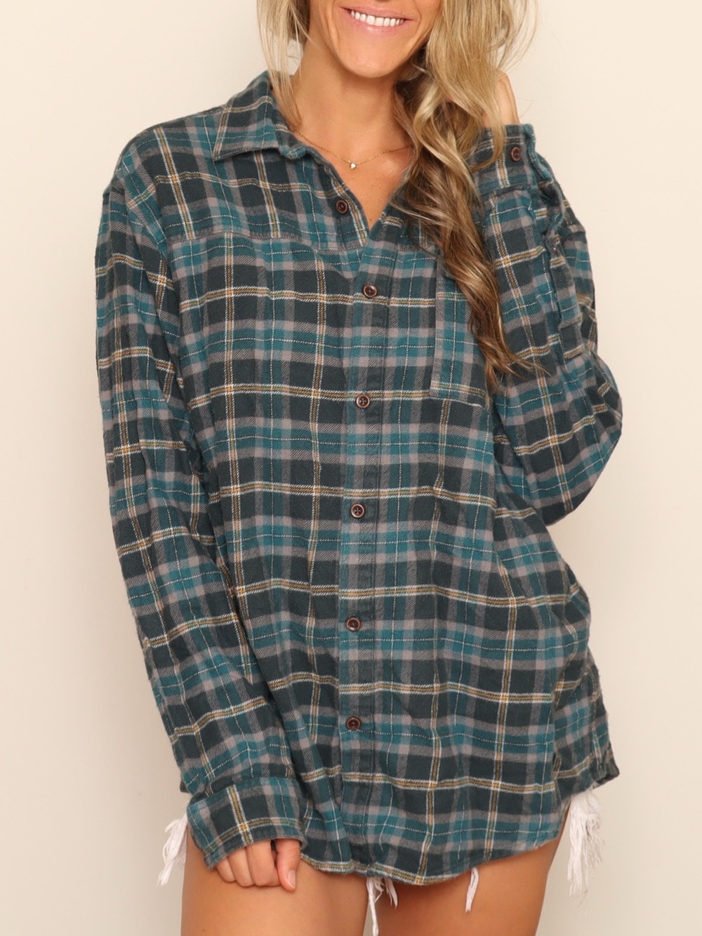 Columbia 100% Cotton Teal, Gray & Yellow Plaid Flannel Shirt